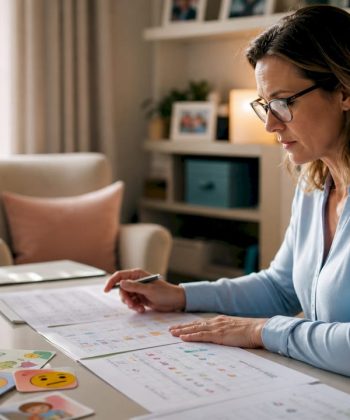 Therapist reviewing ABA and Floortime therapy charts