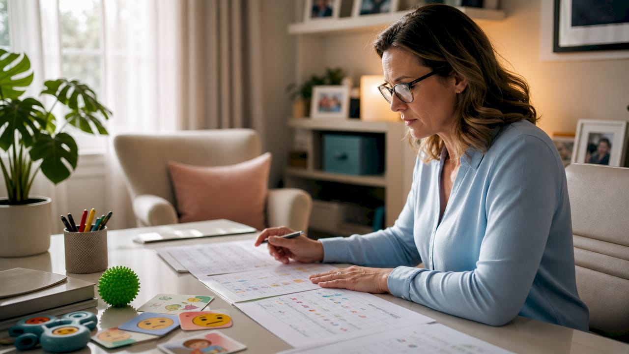 Therapist reviewing ABA and Floortime therapy charts
