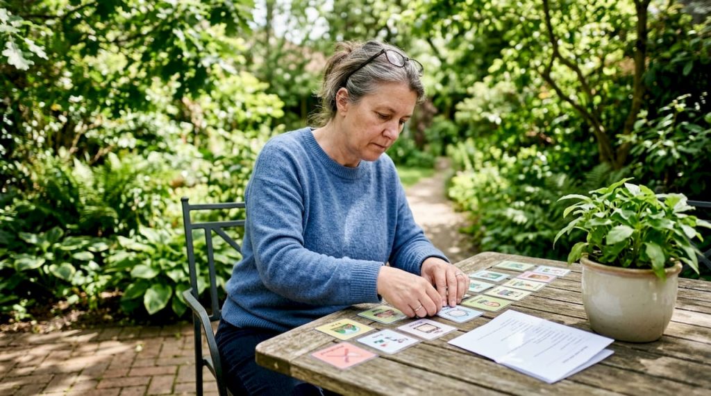 Woman arranging autism visual schedule cards
