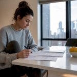 Mother reviewing autism IEP document at home