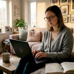 Autism mom typing blog post at home kitchen table