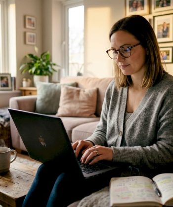 Autism mom typing blog post at home kitchen table