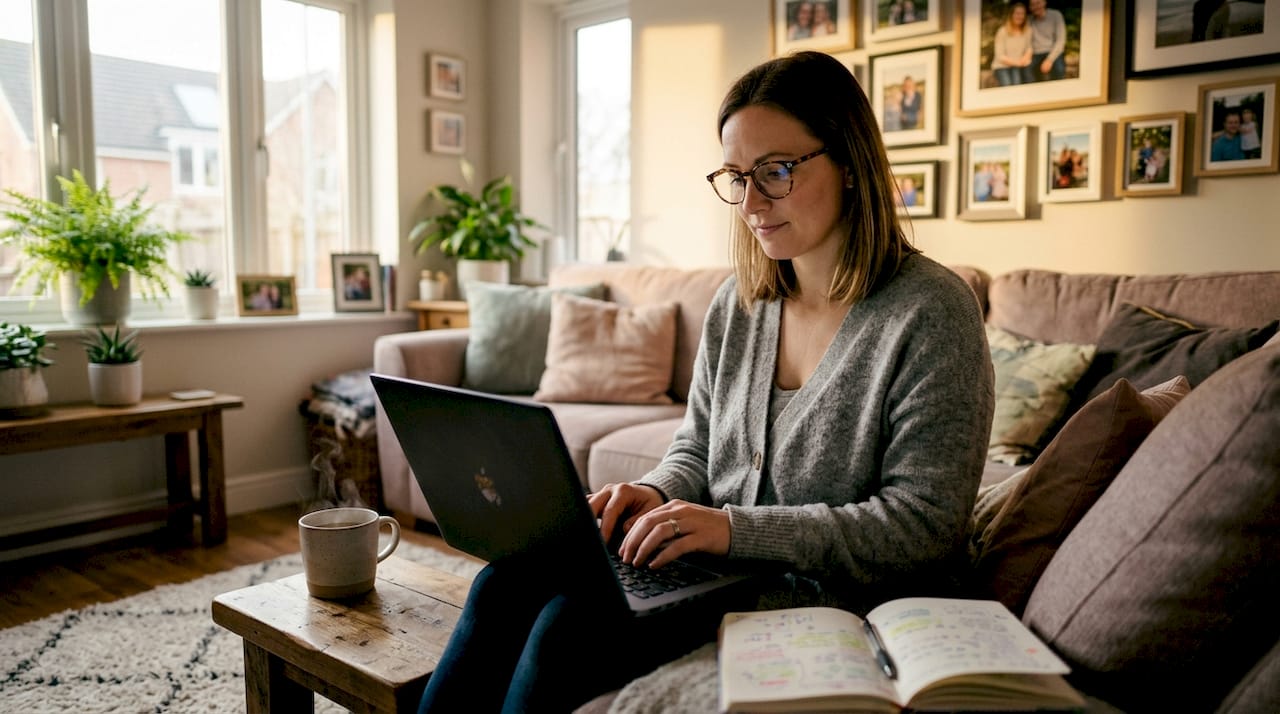 Autism mom typing blog post at home kitchen table