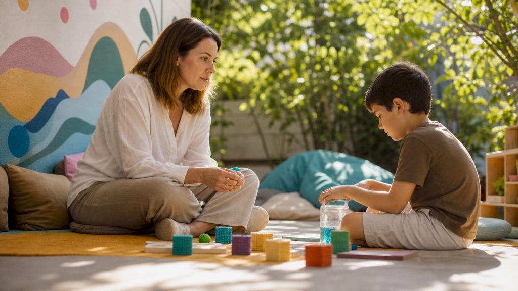 Child psychologist interacting with autistic child