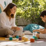 Child psychologist interacting with autistic child