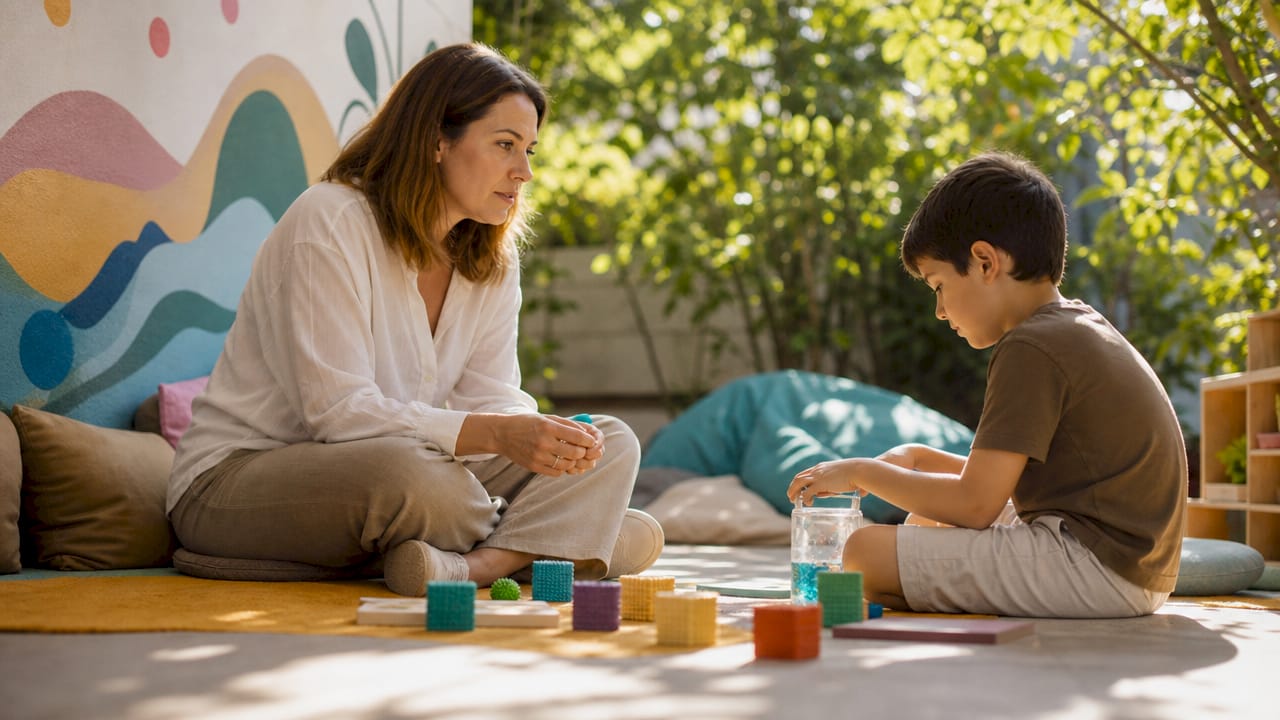 Child psychologist interacting with autistic child