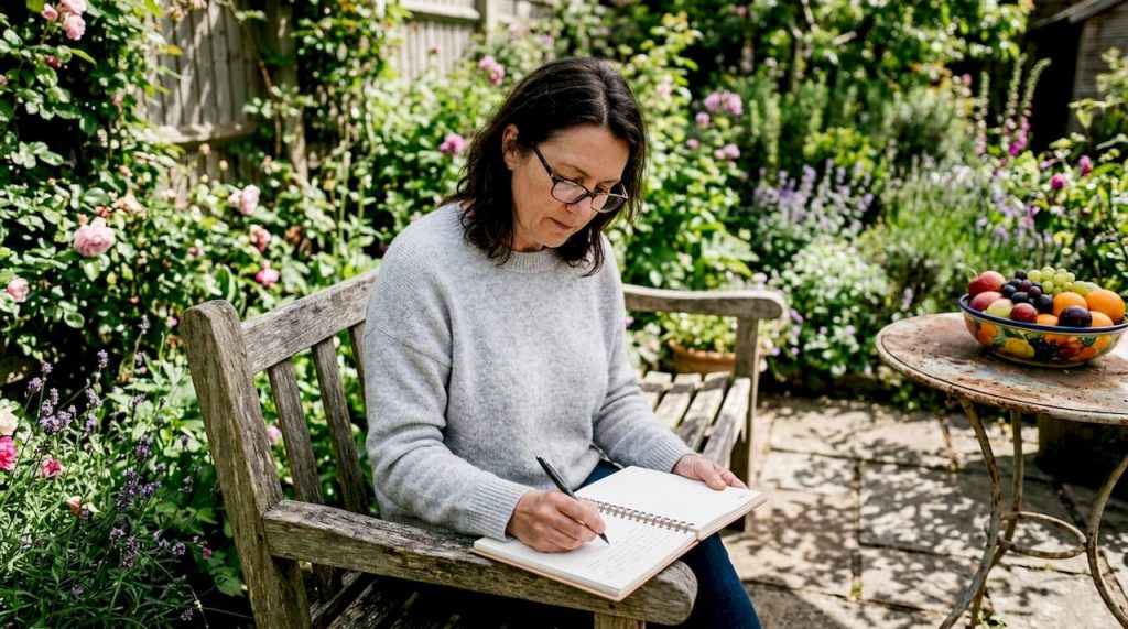 Parent writing in autism journal at kitchen table