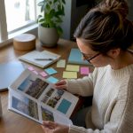 Mother reviewing autism school guide at kitchen table