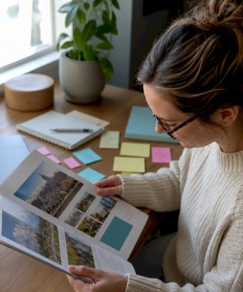 Mother reviewing autism school guide at kitchen table