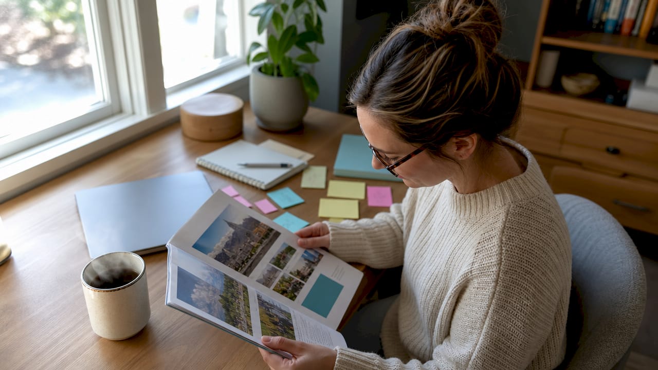 Mother reviewing autism school guide at kitchen table