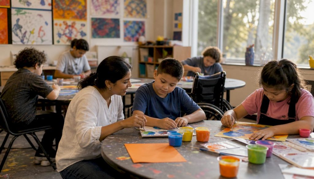 Inclusive classroom with diverse students and teacher
