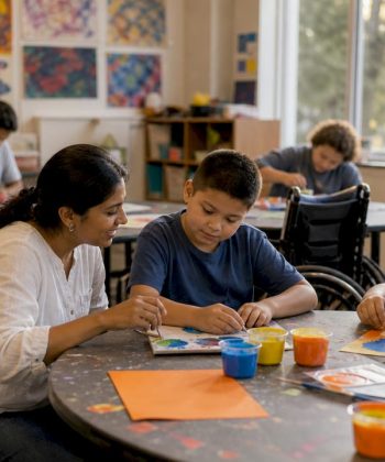 Inclusive classroom with diverse students and teacher