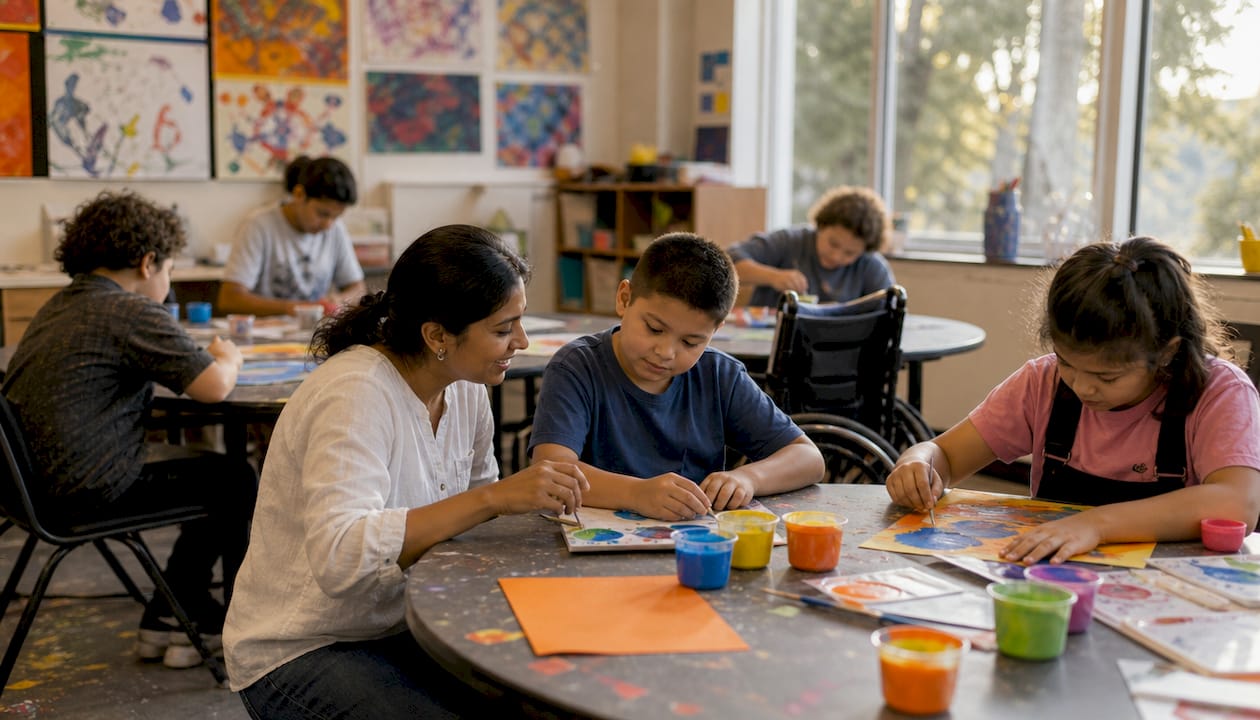 Inclusive classroom with diverse students and teacher