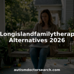Mother researching autism services at home kitchen table