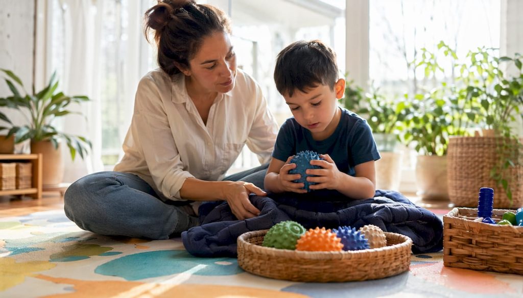 Mother guiding child through sensory play activities