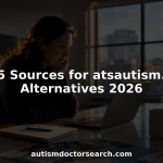 Woman searching autism service directory at home