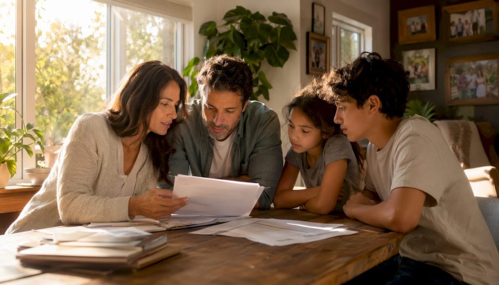 Family reviewing neurodevelopmental information at table