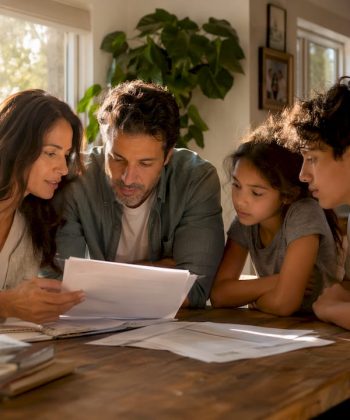 Family reviewing neurodevelopmental information at table