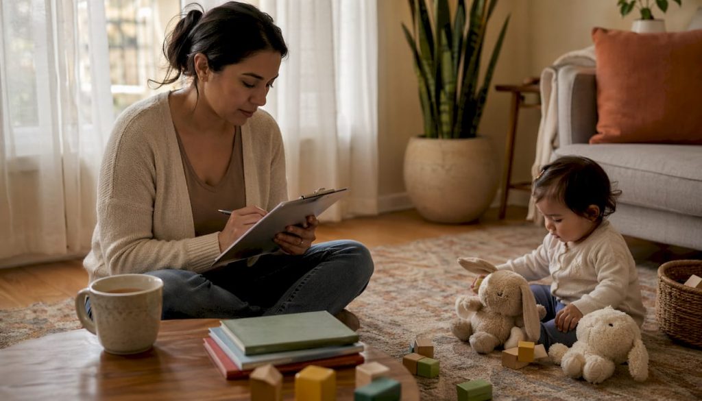 Mother filling developmental screening form at kitchen table