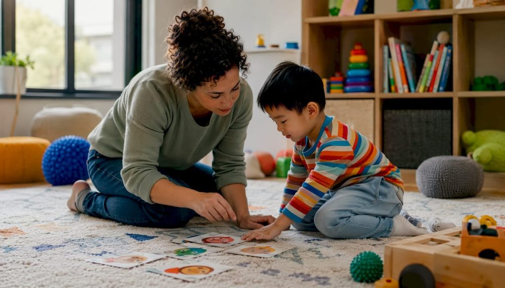 Caregiver and autistic child playing emotion card game