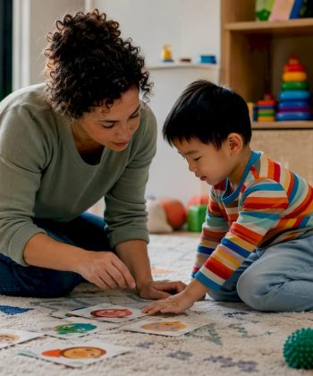 Caregiver and autistic child playing emotion card game