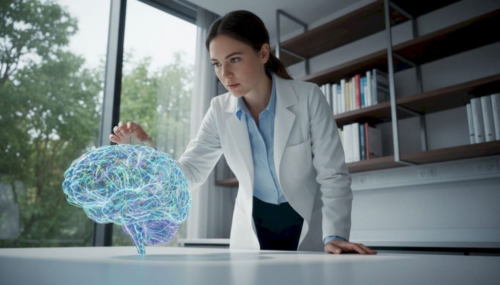 Neuroscientist examining brain model in research lab