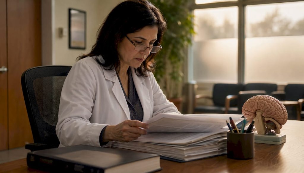 Developmental pediatrician reviewing medical records