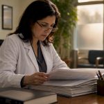 Developmental pediatrician reviewing medical records