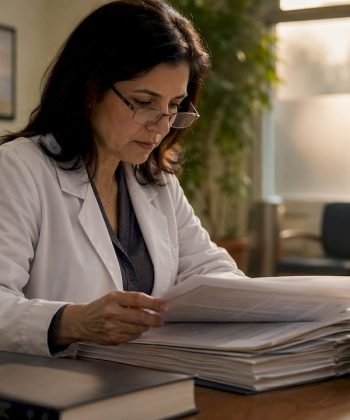Developmental pediatrician reviewing medical records