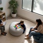 Therapist working with autistic child and parent in therapy room