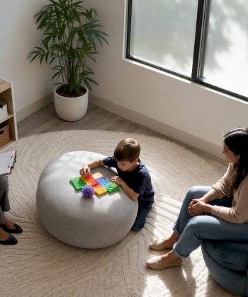 Therapist working with autistic child and parent in therapy room