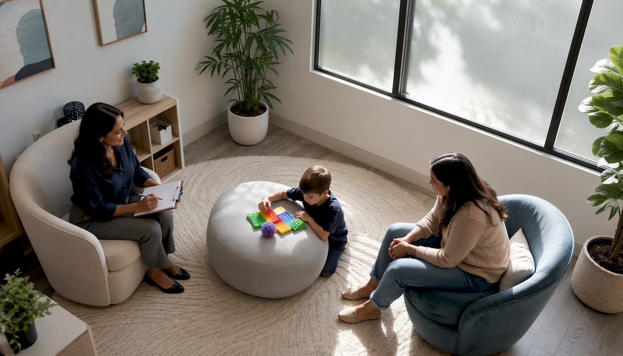 Therapist working with autistic child and parent in therapy room