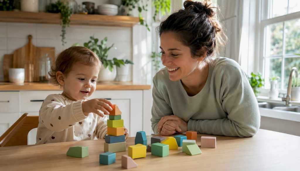 Mother playing blocks with toddler in living room