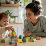 Mother playing blocks with toddler in living room