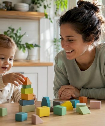 Mother playing blocks with toddler in living room