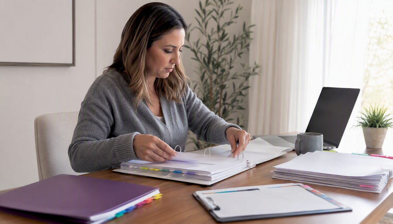 Mother organizing autism resource binder at table