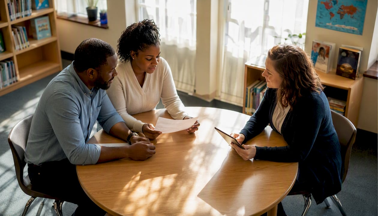 Parents and teacher discussing autism meeting