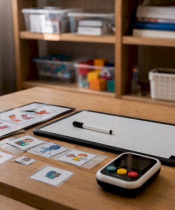 Assistive technology tools on table for autism