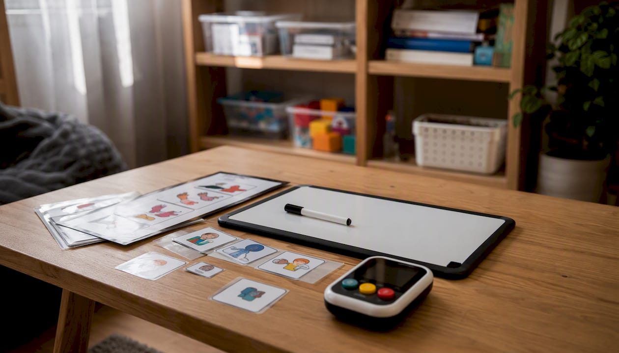 Assistive technology tools on table for autism