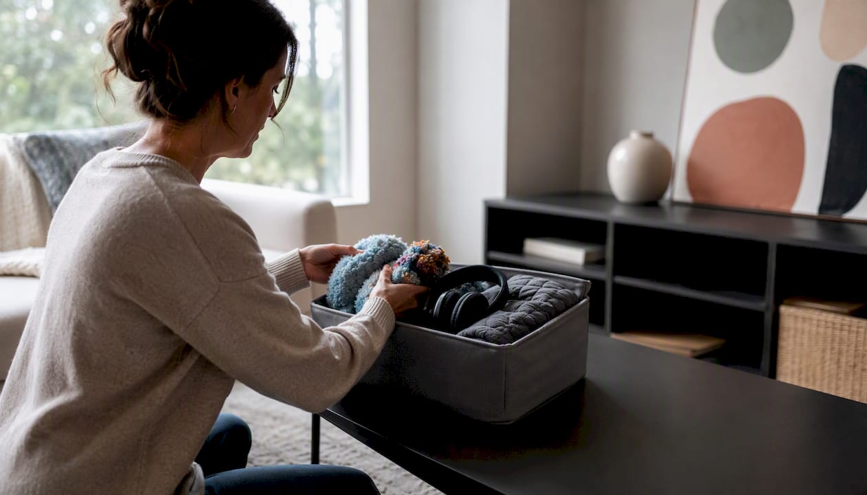 Parent arranging child's calming sensory kit
