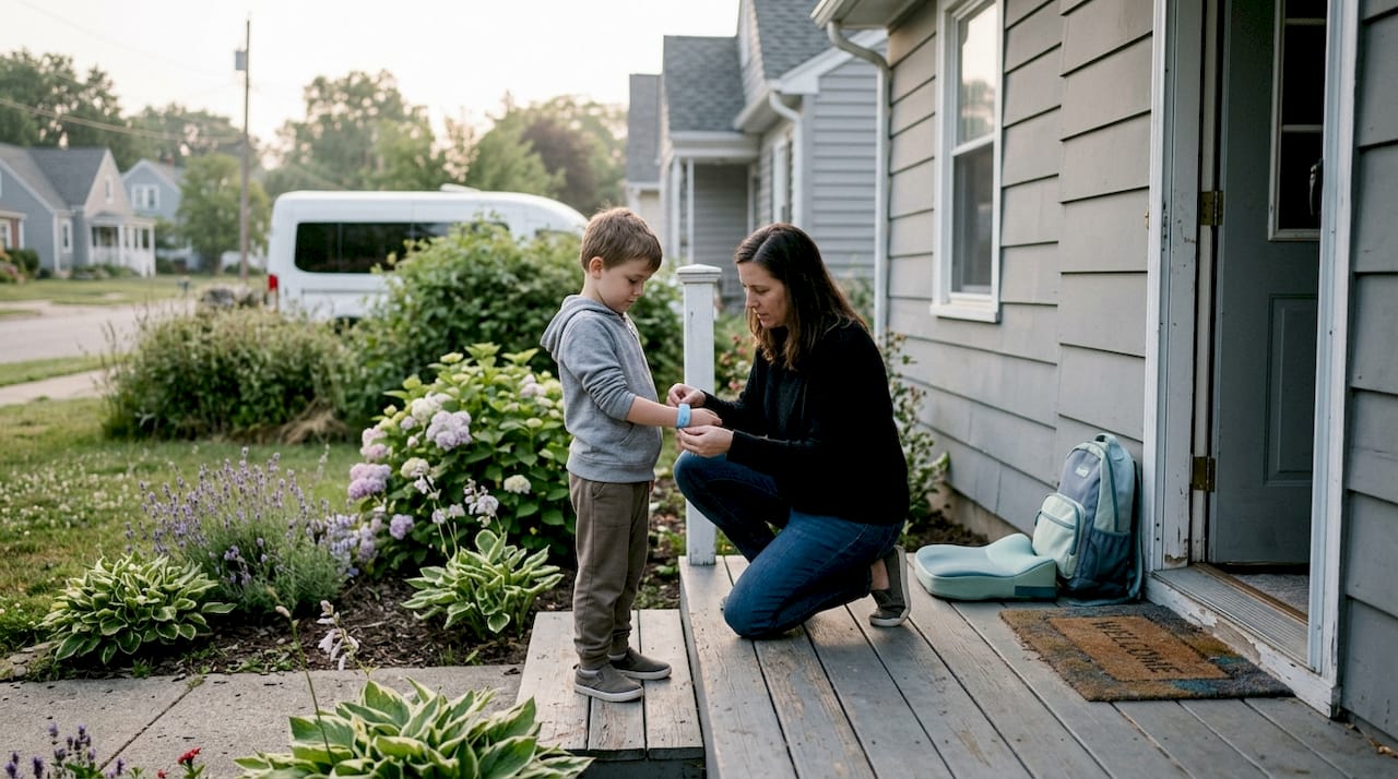 Parent preparing child for specialized transportation